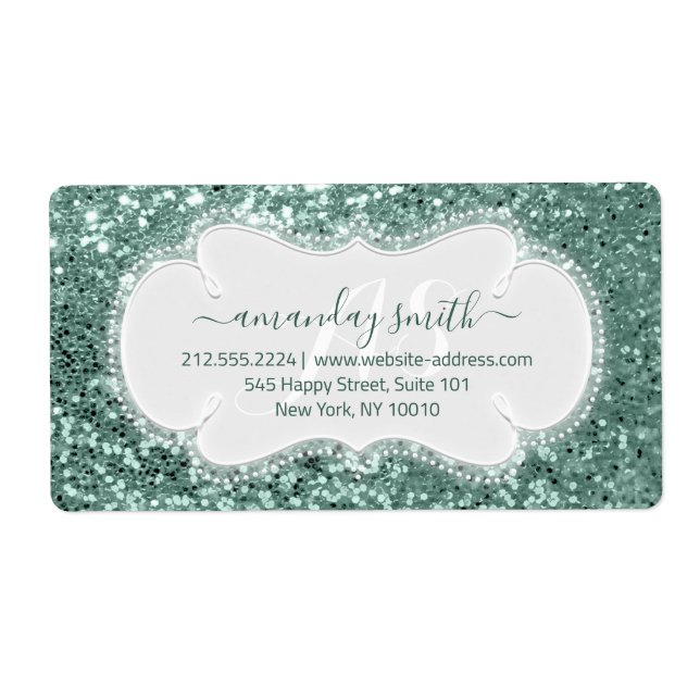 RSVP Bridal Sweet Monogram Wedding Mint  Glitter Label (Front)