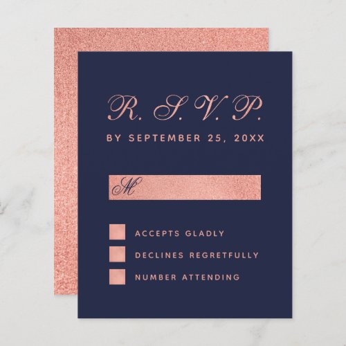 RSVP Budget Navy Blue Rose Gold Wedding Card