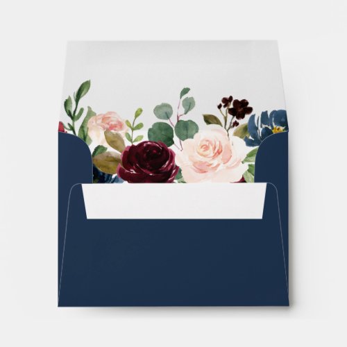 RSVP - Burgundy Blush Navy Blue Floral Address Envelope - Create your own Envelope for RSVP card with this "Burgundy Blush Red Blue Floral Themed Envelope template". You can customize it with your address on the front. This envelope design is perfect to match your wedding invitations. 
(1) For further customization, please click the "customize further" link and use our design tool to modify this template. 
(2) If you need help or matching items, please contact me.