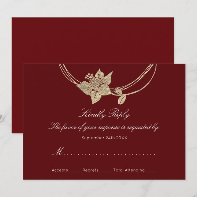 RSVP Burgundy Maroon Gold Floral Wreath Wedding Invitation (Front/Back)