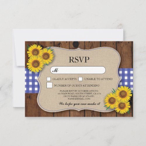 RSVP Burlap Wedding Wood Rustic Blue Check Cards