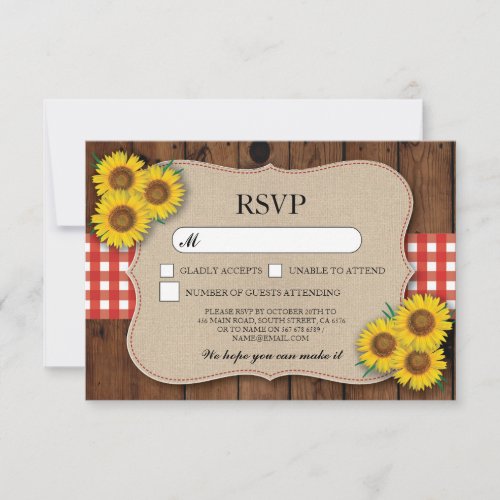 RSVP Burlap Wedding Wood Rustic Red Check Cards