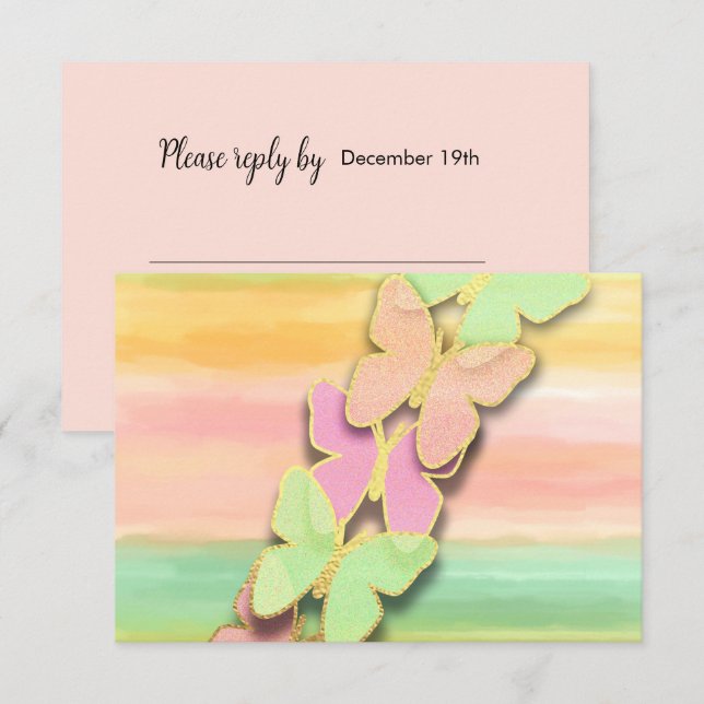 RSVP Butterfly Pink Green Peach Watercolor  Invitation (Front/Back)