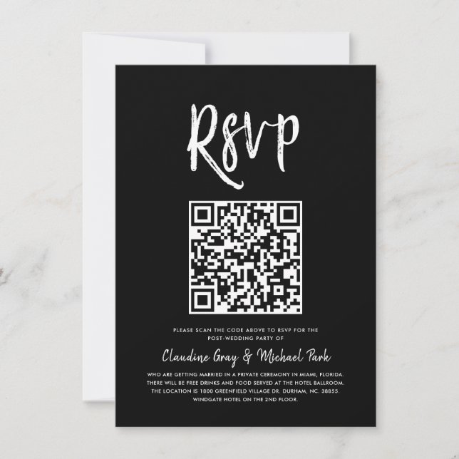 RSVP by QR Code | Solid Black Script Style RSVP In Invitation (Front)