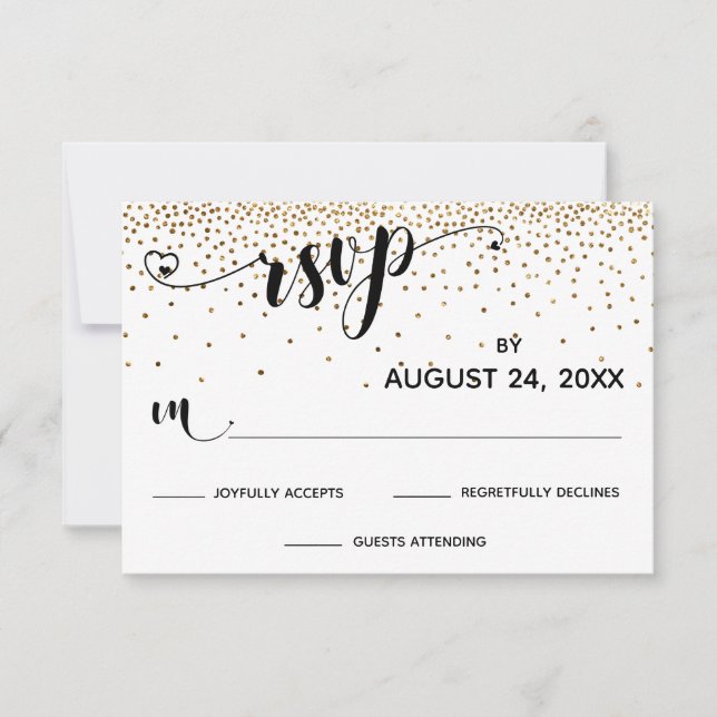 RSVP Calligraphy with Hearts, Gold Confetti, (Front)