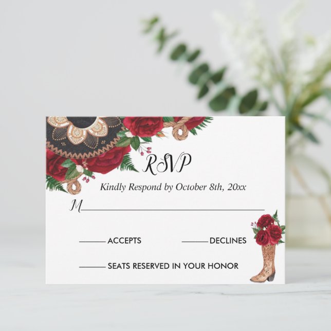 RSVP Card Charra Quinceañera, Red Roses Mariachi (Standing Front)