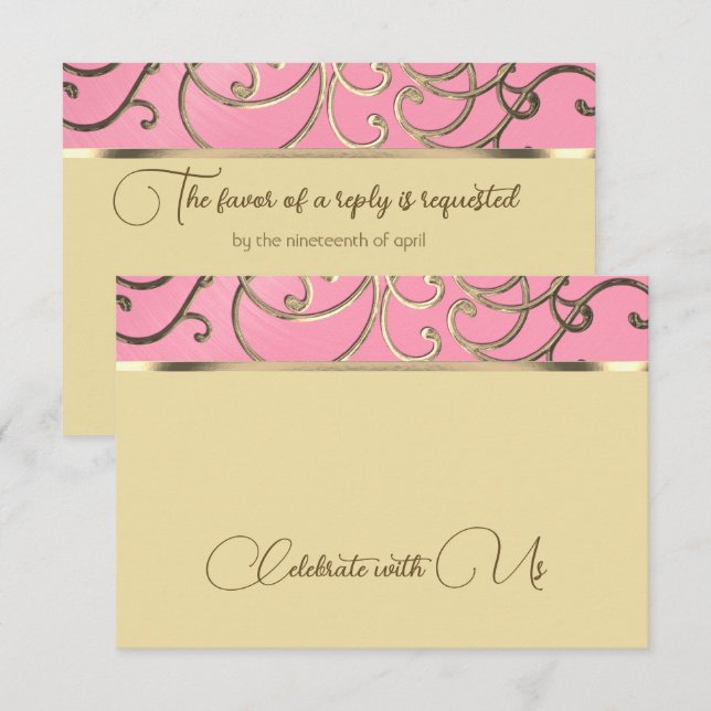 RSVP Card Elegant Pink and Gold Filigree (Front/Back)