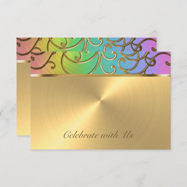 RSVP Card Elegant Rainbow and Gold Filigree (Front/Back)