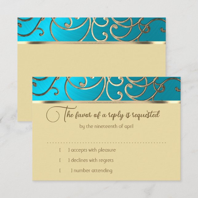 RSVP Card Elegant Turquoise Blue Gold Filigree (Front/Back)