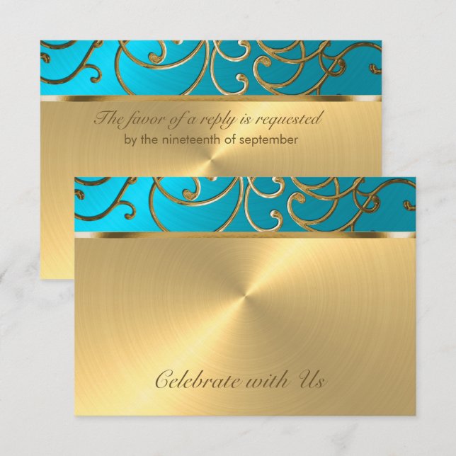 RSVP Card Elegant Turquoise Blue Gold Filigree (Front/Back)
