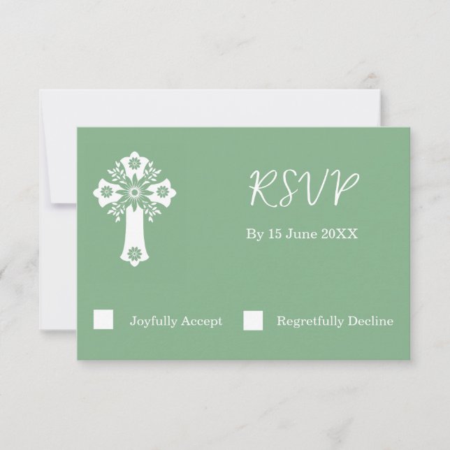 RSVP Card Floral Cross Christening Sage Green (Front)