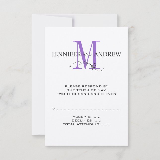 RSVP Card for Square Wedding Invite Purple Initial (Front)