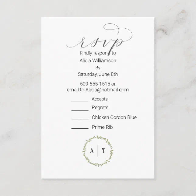 RSVP card Monogram With 2 Entree Choice | Zazzle