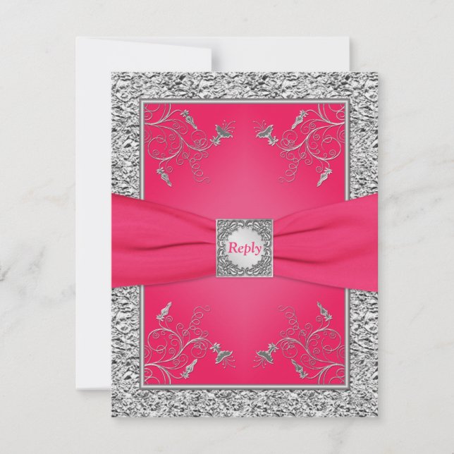 RSVP Card | Pink, FAUX Silver Foil, Floral (Front)