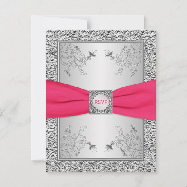 RSVP Card | Pink, FAUX Silver Foil, Floral (Front)