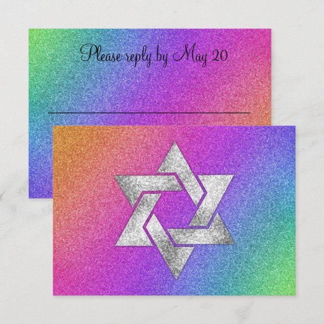 RSVP Card Very Colorful Rainbow with Silver Star (Front/Back)