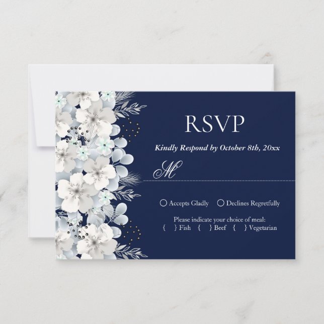RSVP card white flower sakura navy blue (Front)