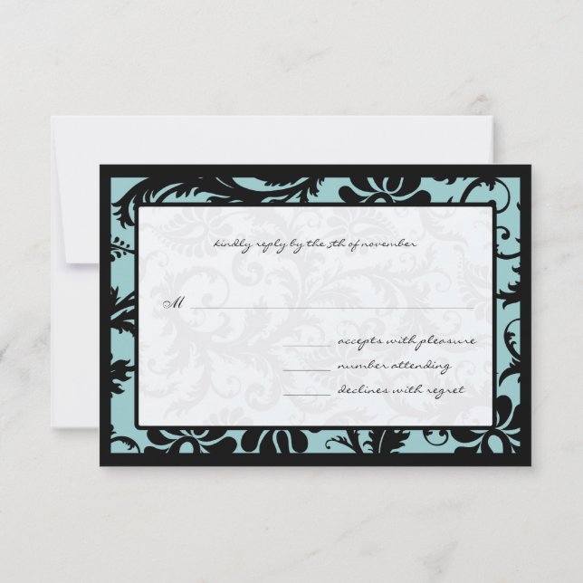RSVP Cards-Black & Aqua Blue Damask Card (Back)