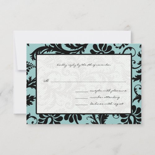 RSVP Cards_Black  White Damask Aqua Blue