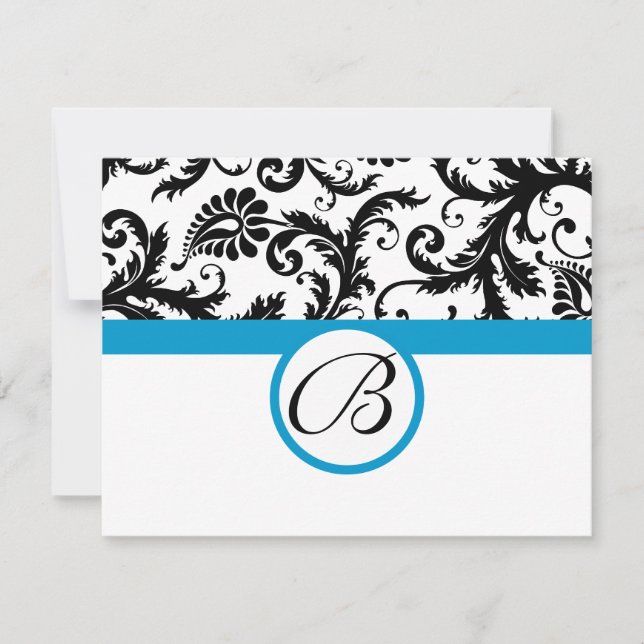 RSVP Cards-Black & White Damask Aqua Trim (Front)