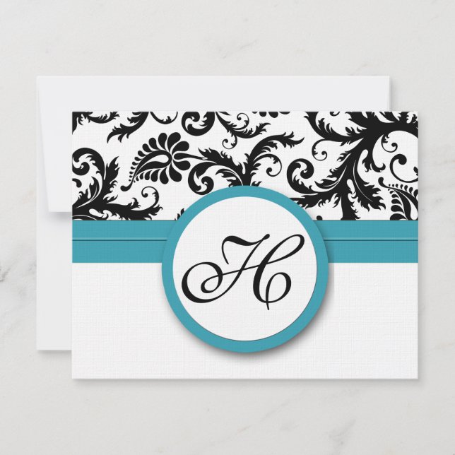 RSVP Cards-Black & White Damask Dark Pool Blue Card (Front)
