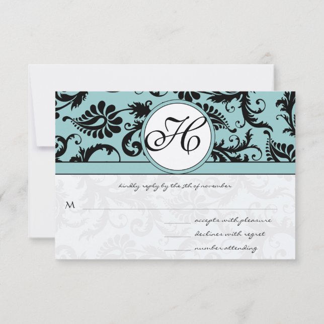 RSVP Cards-Black & White Damask Dark Pool Blue Card (Back)