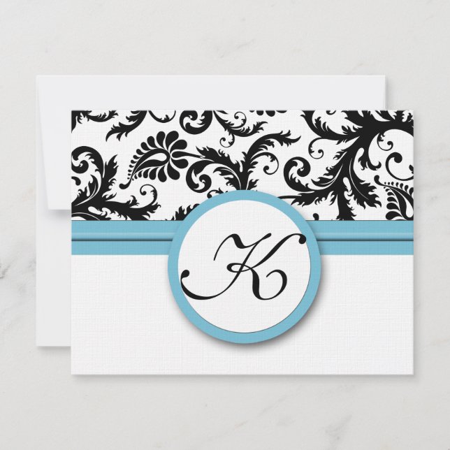 RSVP Cards-Black & White Damask Pool Blue Trim (Front)
