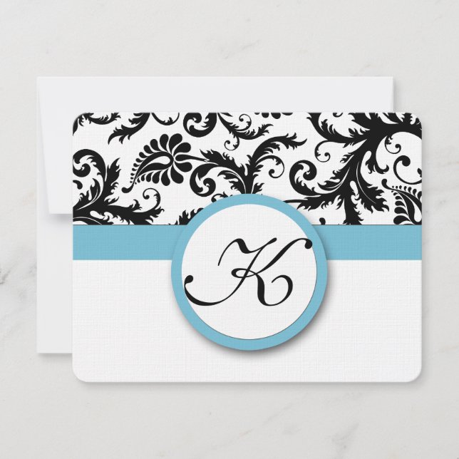 RSVP Cards-Black & White Damask Pool Blue Trim (Front)