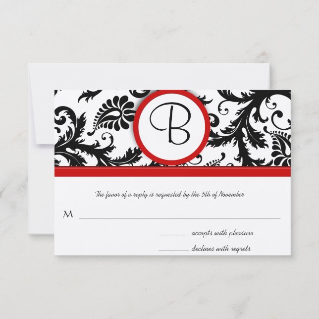 RSVP Cards-Black & White Damask Red Trim (Back)