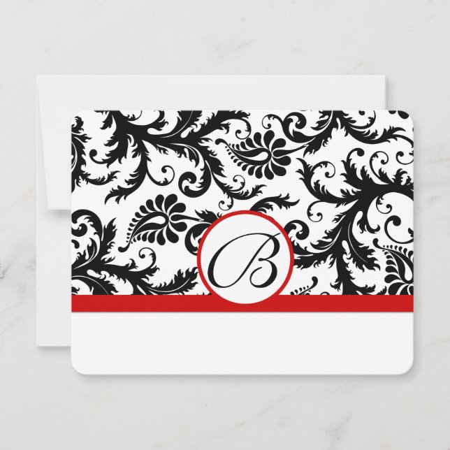 RSVP Cards-Black & White Damask Red Trim Card (Front)
