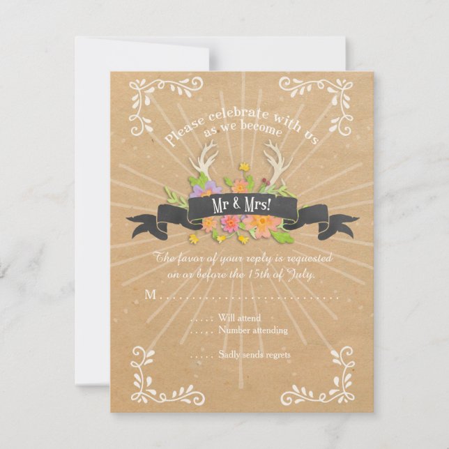 RSVP Cards Deer Antler Wildflower Starburst Rustic (Front)
