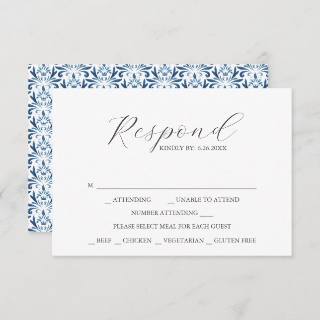 RSVP Cards with Meal Choice Dusty Blue Pattern (Front/Back)