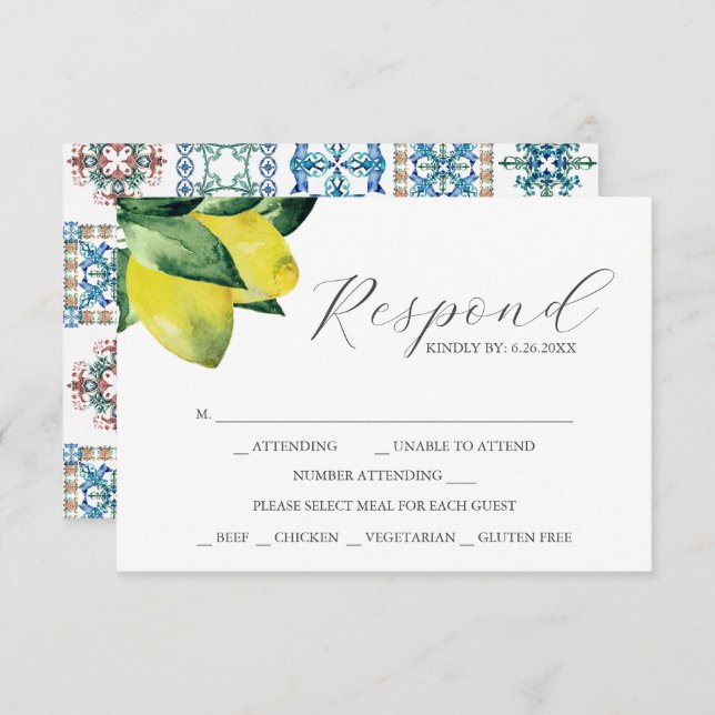 RSVP Cards with Meal Choice Lemon Amalfi Tile (Front/Back)