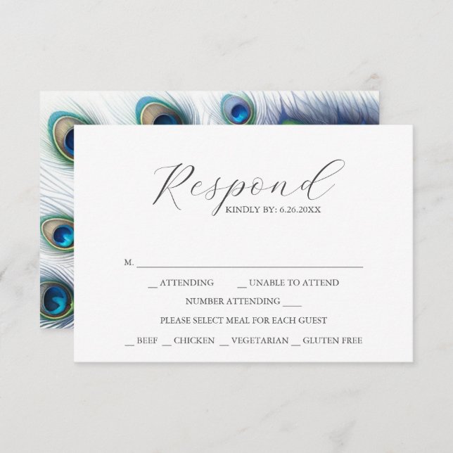 RSVP Cards with Meal Choice Peacock Feathers (Front/Back)