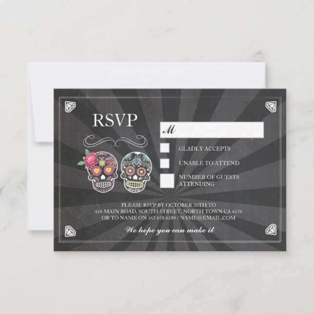 RSVP Chalk Wedding Rustic Sugar Skull Rose Cards (Front)