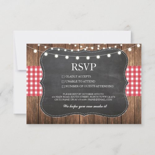 RSVP Chalk Wedding Wood Rustic Red Check Cards