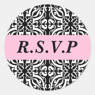 RSVP - Customizable (Black & White Damask) Classic Round Sticker