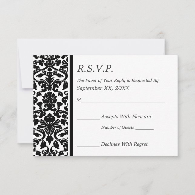 RSVP Damask Black and White Wedding Card (Front)