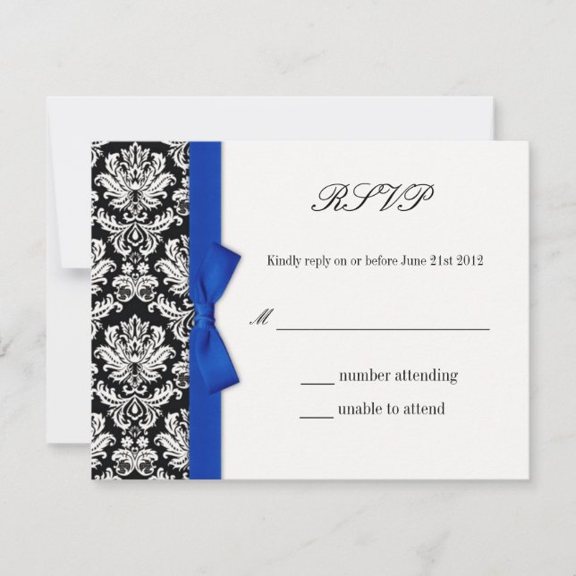 RSVP - Damask Blue Bow Wedding Response Card (Front)