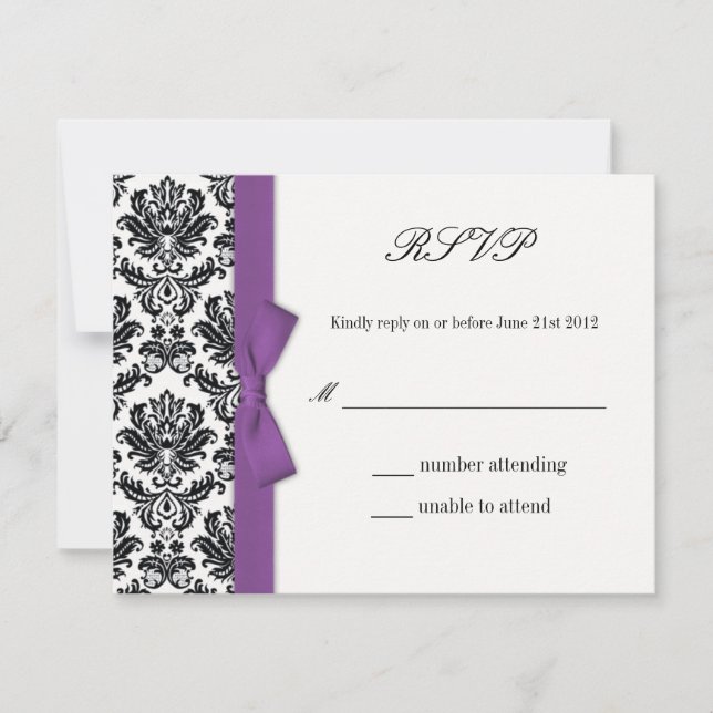 RSVP - Damask Purple Bow Wedding Response Card (Front)