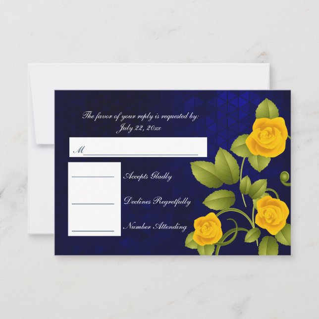 RSVP Dark Blue and Yellow Rose Wedding Card (Front)