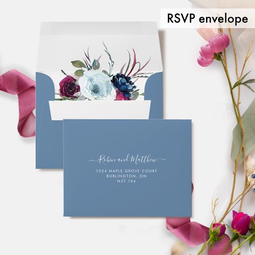 RSVP  Dusty Blue Berry and Burgundy Floral Envelope