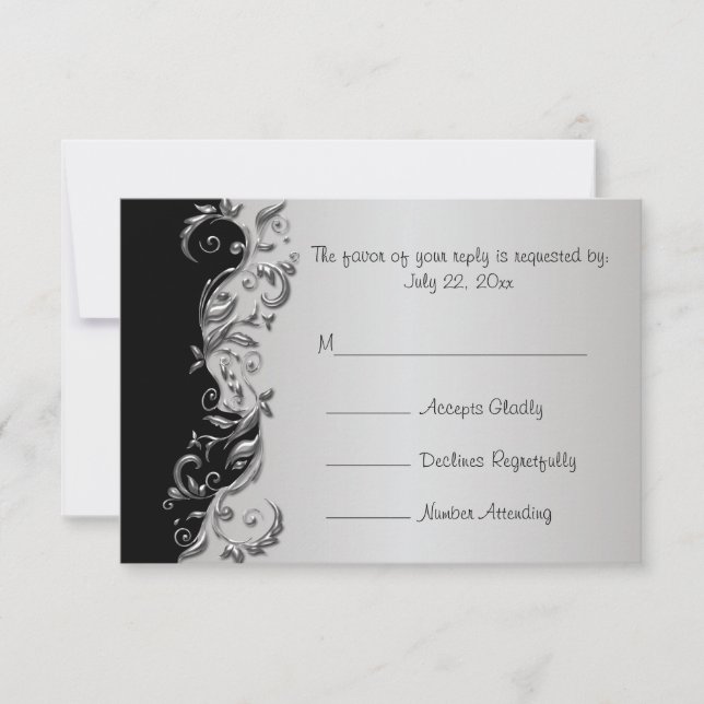 RSVP Elegant Black and Silver Floral Wedding Card (Front)