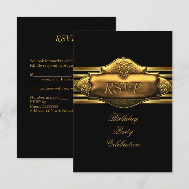 RSVP Elegant Black Gold Birthday Party Mens Invitation (Front/Back)
