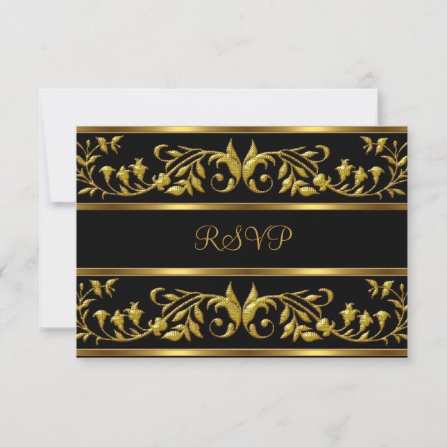 RSVP Elegant Black & Gold Floral Birthday Party Card (Front)