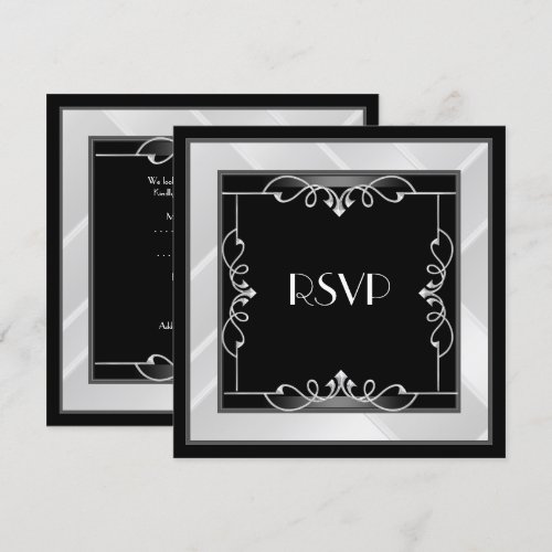 RSVP Elegant Black Silver White Art Deco 5.25x5.25 Square Paper Invitation Card