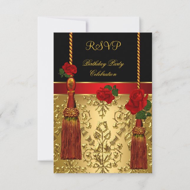RSVP Elegant Damask Black Red Gold Birthday Party Invitation (Front)