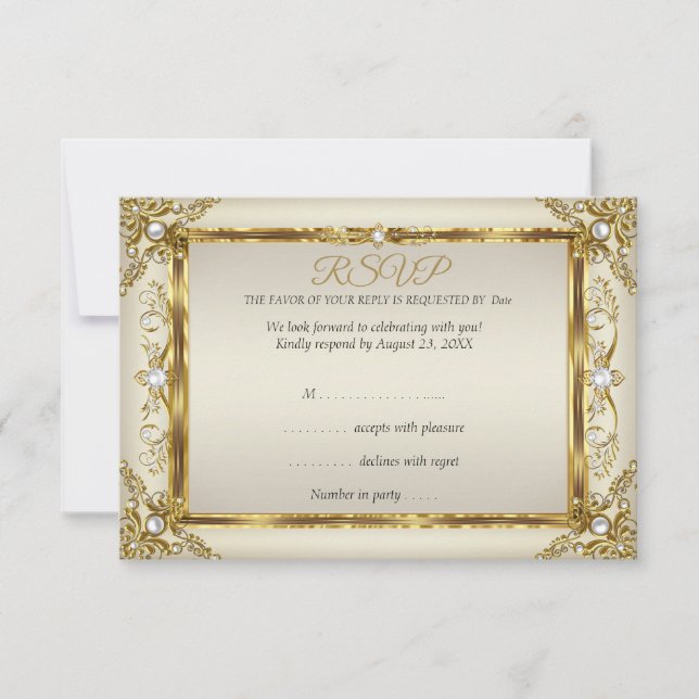 RSVP Elegant Gold Cream Pearl Damask Birthday Invitation (Front)