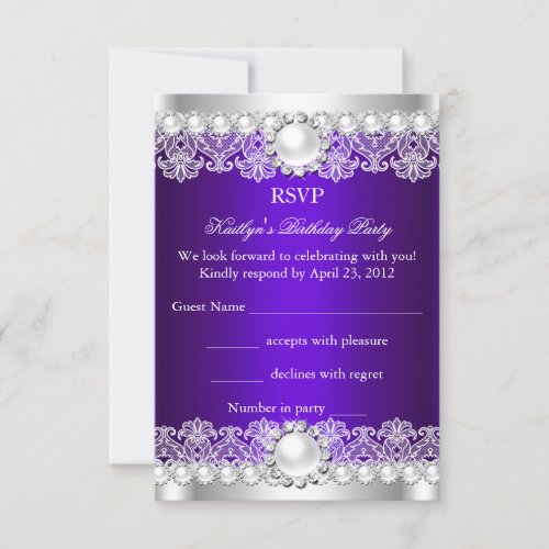 RSVP Elegant Royal Purple Lace Pearl Birthday Invitation