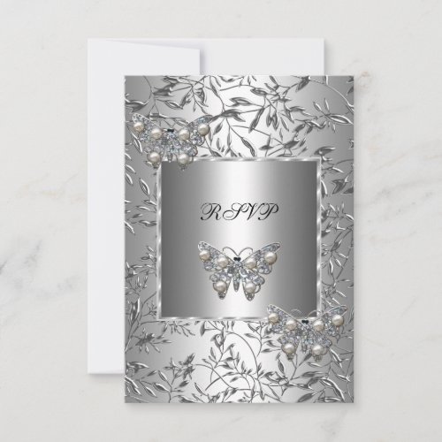 RSVP Elegant Silver Floral Butterfly Jewel 3.5x5 Paper Invitation Card